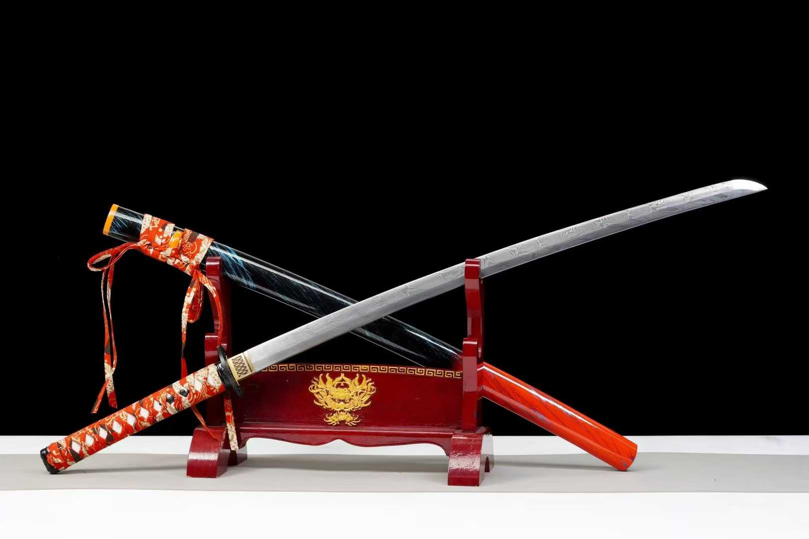 Kiếm Nhật Hồng Xuyên Võ Sĩ – Katana Vân Sóng Damascus, Rèn Tay Cổ Pháp, Siêu Bền & Sắc Bén